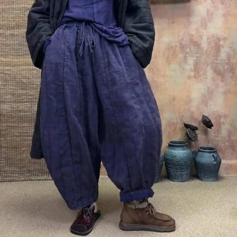 Autumn Winter Arts Style Women Elastic Waist All-matched Casual Harem Pants High Quality Thicken Cotton Linen Vintage Pants