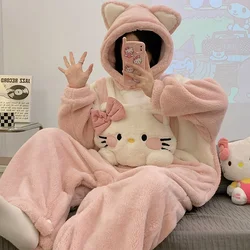 Sanrio Hello Kitty winter new one-piece pajamas women's coral fleece hooded long-sleeved cartoon cute warm sweet loungewear