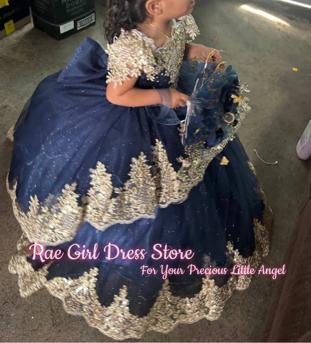 Luxurious Gold Lace Cap Sleeve Flower Girl Dress For Wedding Birthday Pageant A Line Floor Length Puffy Glitter Tulle Gown