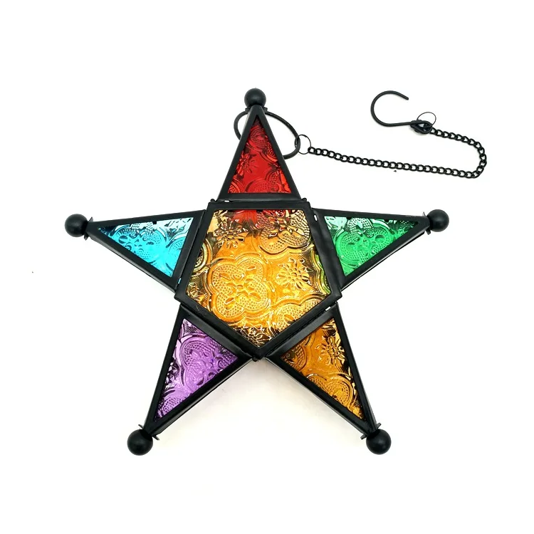 Iron Moroccan Five-pointed Star Lantern Star Hanging Wrought Iron Candle Holder Colored Glass Tealight Holder Patio Decoration
