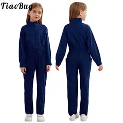 Kids Girls Solid Color Coveralls Mechanic Boiler Suit Flightsuit Long Sleeve Zipper Jumpsuit Elastic Waist Rompers with Pockets
