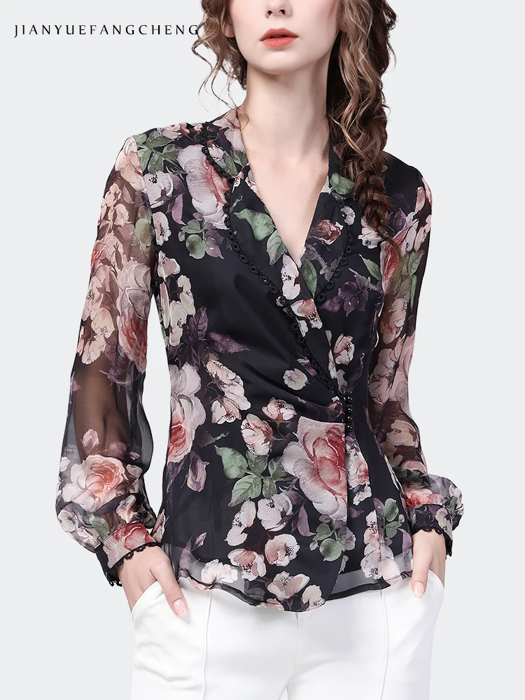 Imagem -02 - Top Floral de Manga Comprida Feminina em Chiffon Elegante e Fino Camisa de Botão Estampado Vintage com Decote em v Blusas Femininas Casuais Novo Primavera 2023