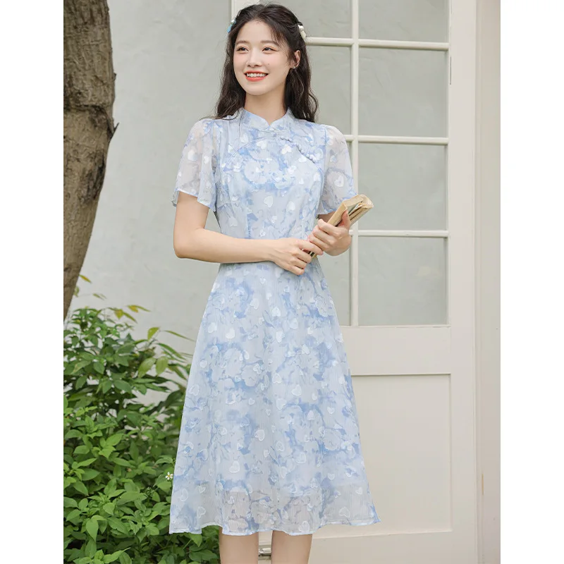 Improved Qipao Dresses for Women Summer National Blue Chiffon Flower Fragmented Stand-up Collar Chinese Traditional Cheongsam