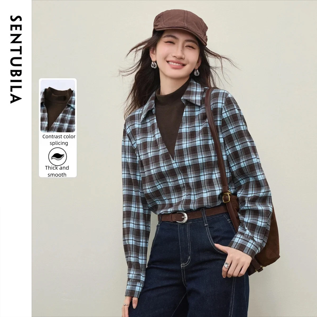 

SENTUBILA клетчатая рубашка из двух предметов, зима 20225, женская свободная блузка с цветными блоками, верхняя одежда с длинными рукавами Q54CK4926