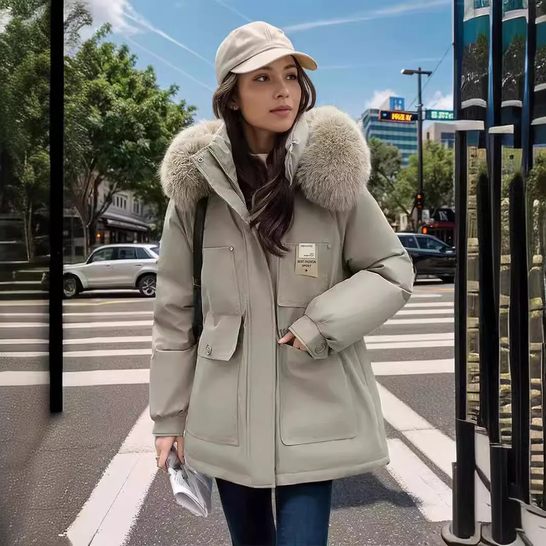 2024 Winter Women\'s Padded Jacket Female Waist Cinching Slimming Hooded Big Fur Collar With Plush Cotton Jacket Women\'s Clothing