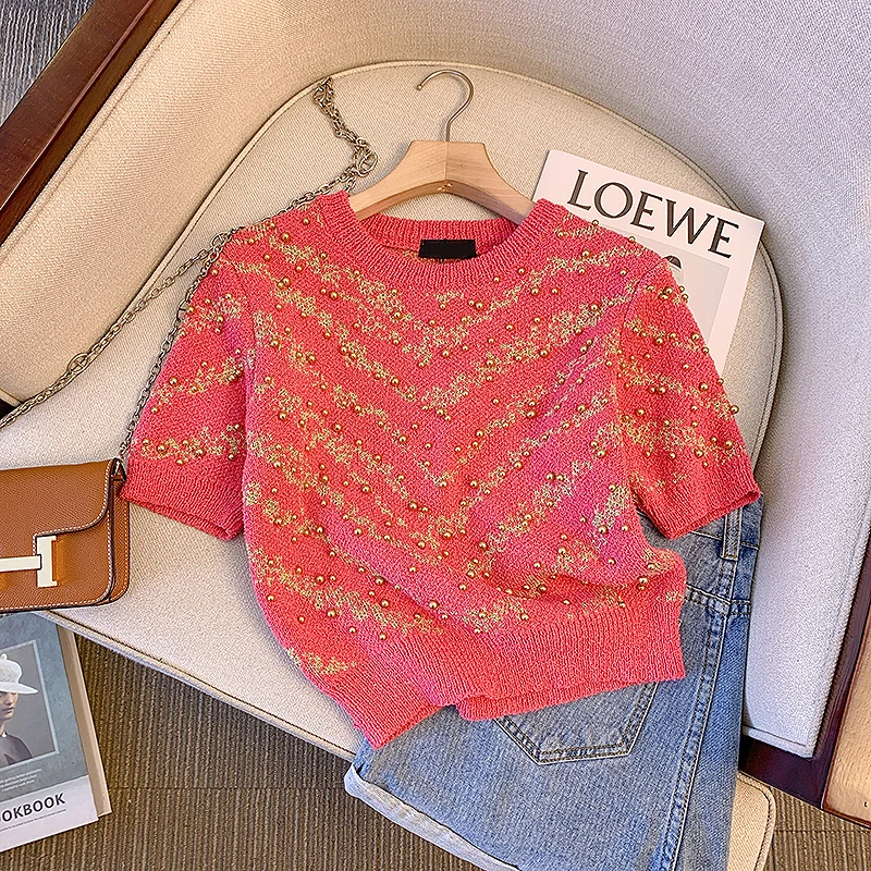 2023 Summer Stylish Beading Sweater Women Knitted Tshirt Tops Short Sleeve O-neck Fashion Chic Elegant Vintage Ladies Knitwear