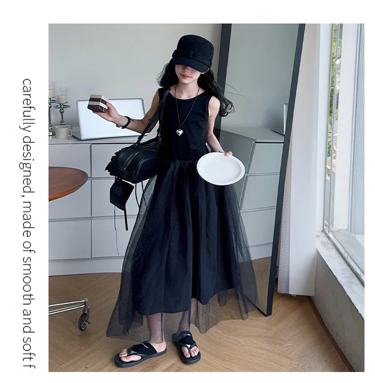 Schwarzes, rückenfreies, einteiliges Tüllkleid für Teenager-Mädchen, ärmelloses, langes Patchwork-Gaze-Kleid für Kinder, Sommerkostüm. – Detail 7