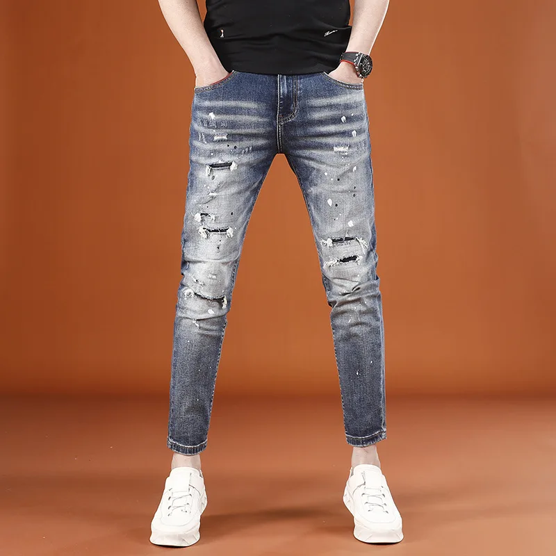 

2025 Spring New Inkjet Printed Jeans for Men, Trendy, Fashionable, Versatile, Elastic, Retro, and Pierced Nine Point Pants