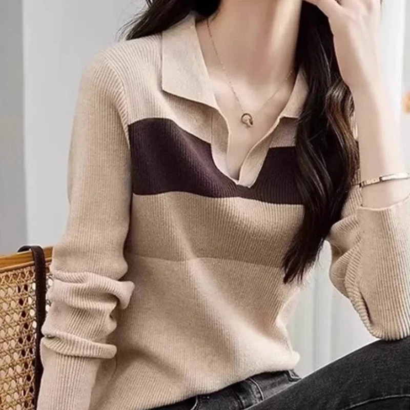 Autumn Winter Fashion POLO Collar Long Sleeve Patchwork Color Blocking Pullovers Women\'s Clothing Loose Korean Bottoming Shirts