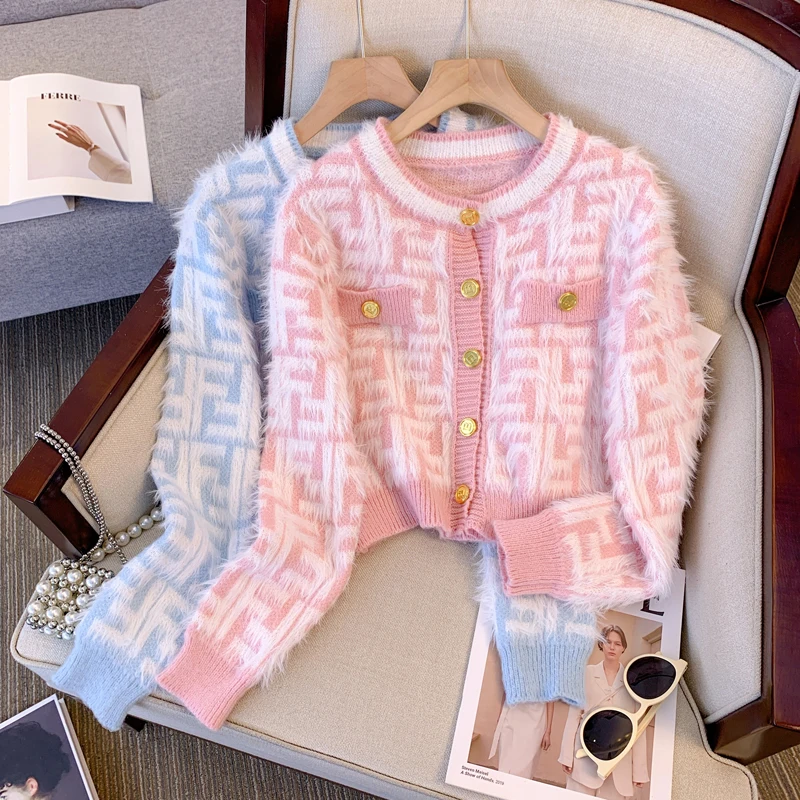 Bomon Pink French luxury button knit Cardigan Women 2024 Autumn/Winter Warm Short Base Sweater Coat Gentle Style small top