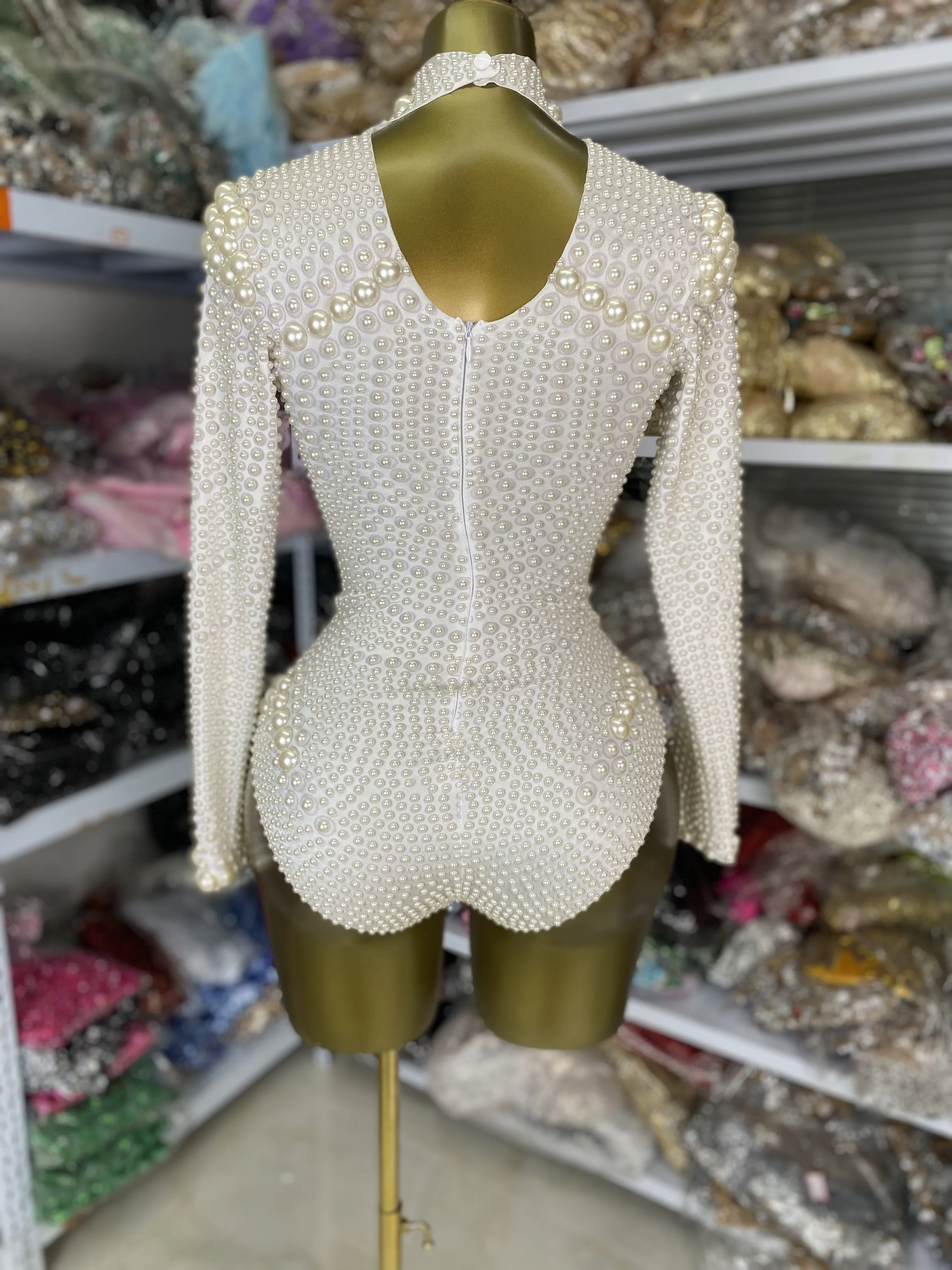 Body dolcevita a maniche lunghe con perle bianche di lusso, costumi da spettacolo per discoteca, body da palcoscenico per feste, dropship