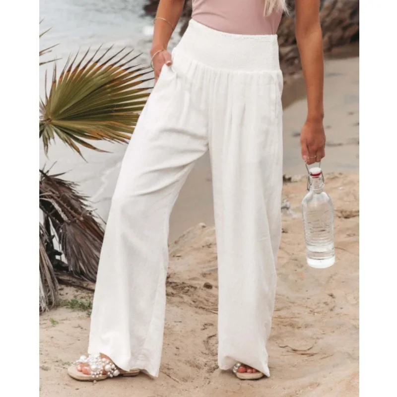 

Women Pants Spring Summer Cotton Linen Loose Solid Elastic Waist Lady Casual Large Size Street Long Wide-leg Clothing