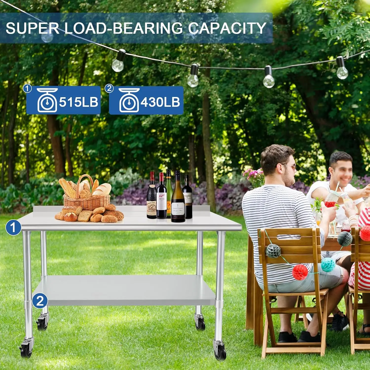 Stainless Steel Table 24 x 48 Inches with Wheels Casters NSF Heavy Duty Commercial Prep Table with 2” Backsplash and Adjustable