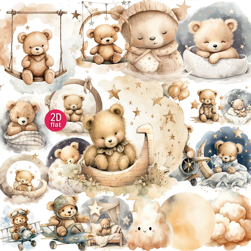 20pcs 2D flat Cute Watercolor Teddy Bear Stickers, Cartoon Animal Scrapbooking Decals, Suitable for DIY scrapbook stickers