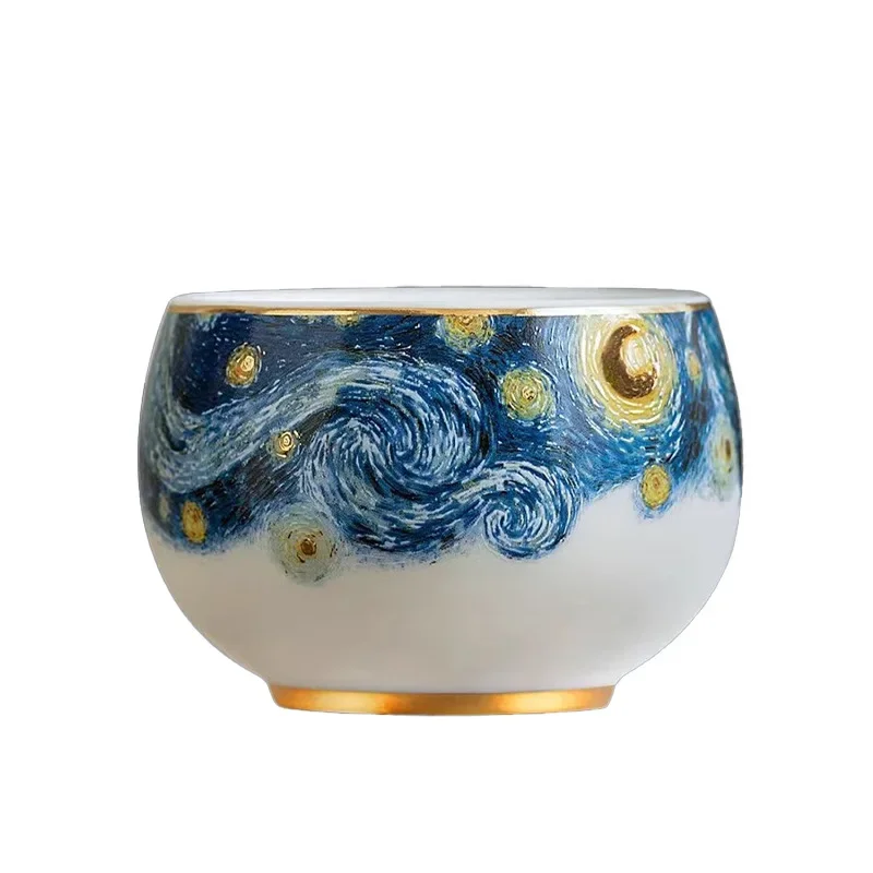 Suet jade porcelain master cup single cup Van Gogh starry sky ceramic teacup high end personal teacup