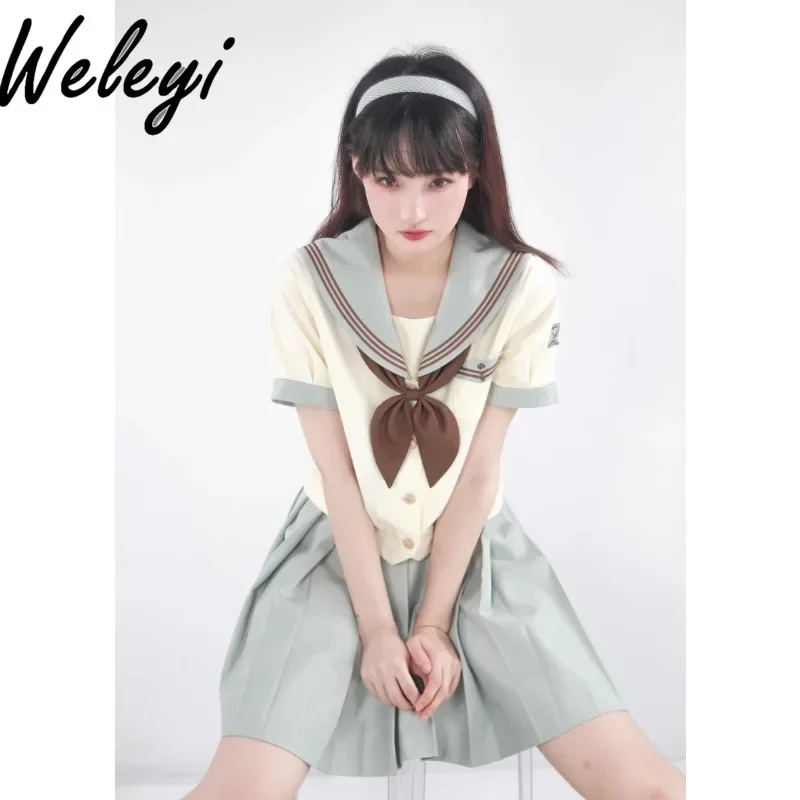 Kawaii Jirai Kei Cute Skirt Set Japanese Fashion 2024 Summer Sweet College Style Sailor Collar Short Long Sleeve Sailor Y2k Suit