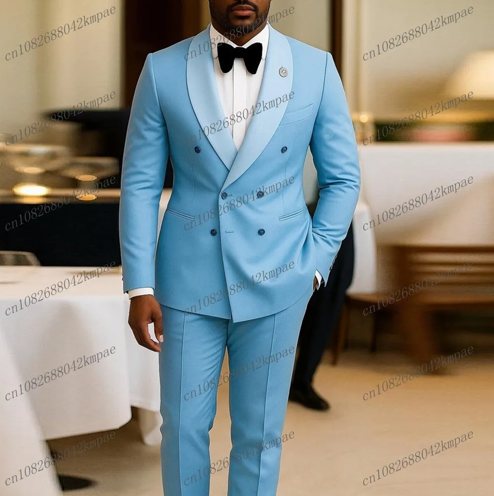 

New Sky Blue Formal Occasion Men Suit Groom Groomsman Wedding Party Prom Business Male Tuxedos 2 Piece Set Blazer Pants