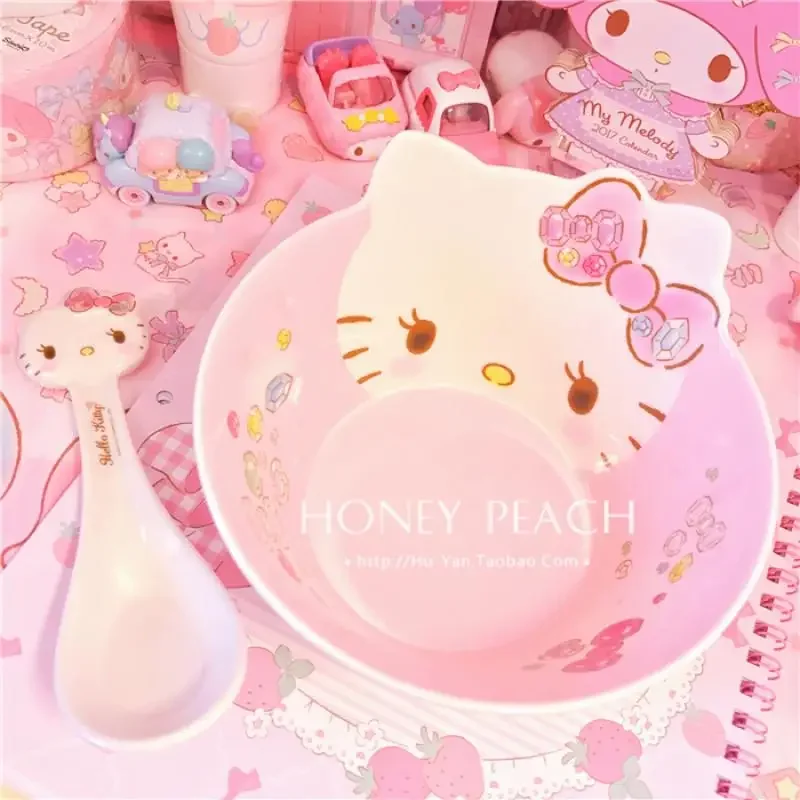 Kawaii Sanrio Servies Accessoires Hello Kittys Cartoon Melamine Kom Set Schattige Schoonheid Kinderen Lepel Rijstsoep Kom Meisjes Cadeau