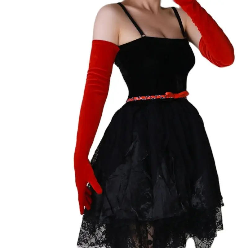 اضافية طويلة 70 سنتيمتر قفازات مخملية حمراء للنساء عالية المرونة سوان المخملية الذهب لمس أوبرا قفازات السهرة WSR25