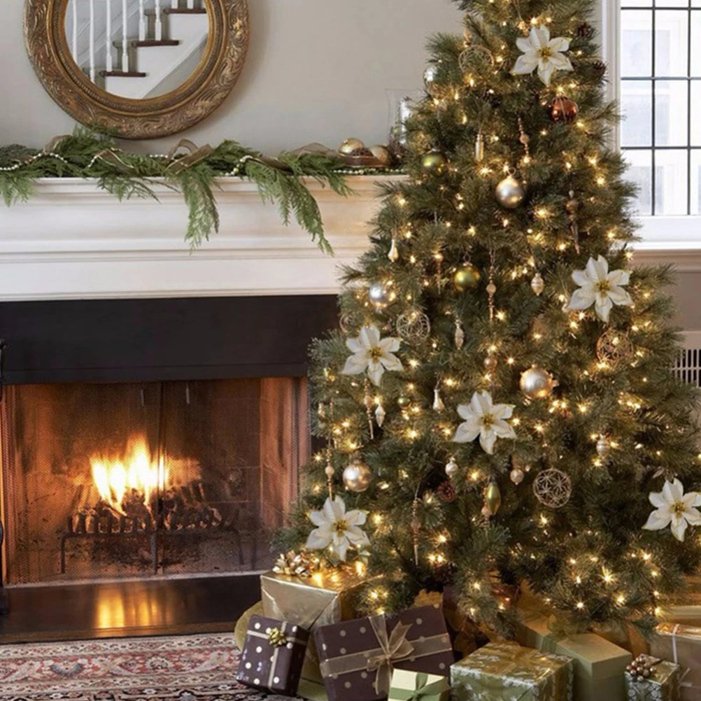 

16 PCS Christmas Flower Pendant Colorful Ornaments Artificial Flowers for Tree Faux Gold Decoration Garlands Material