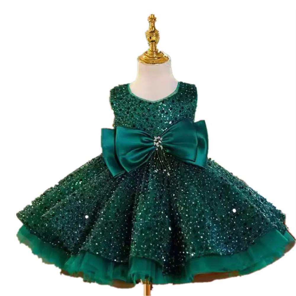 Sparkly lovertjes bloemenmeisje trouwjurk mouwloos met strik prinses verjaardagsfeestje jurk kinderen heilige communie jurk aangepast