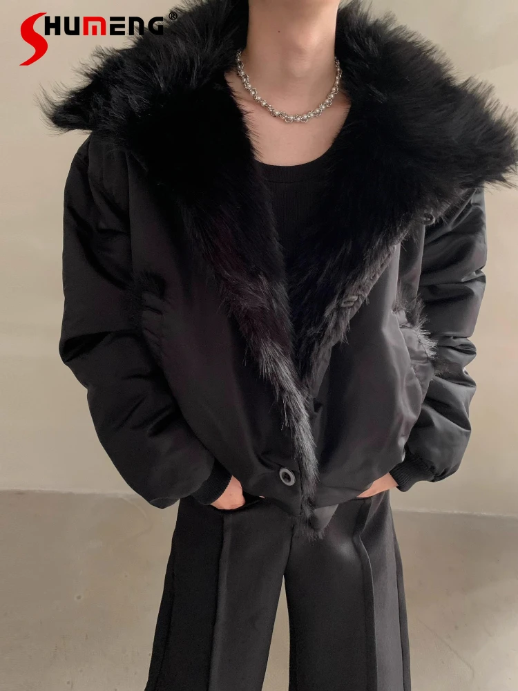 Men's 2025 Winter New Fashion Down Coats Large Faux Fur Collar Chic Down Jackets Men's Trend Warm Thick Solid Color Cotton Coats