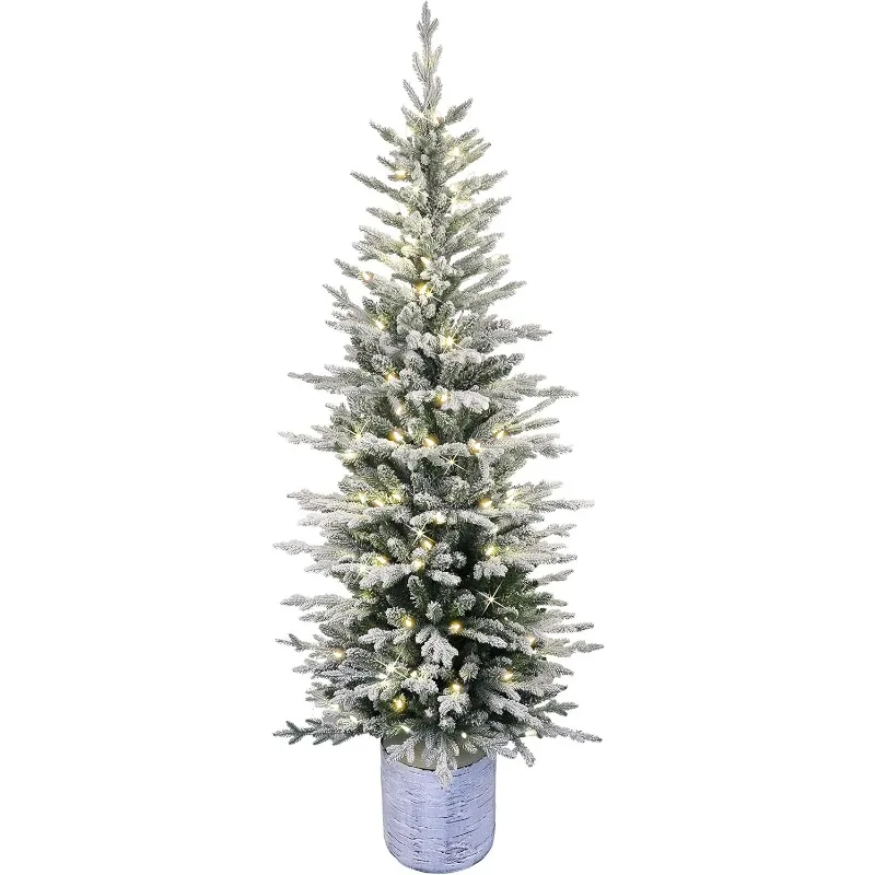 Pre-Lit Potted Flocked Arctic Fir Artificial Christmas Tree, Add Festive Atmosphere Realistic Details and Easy Assembly