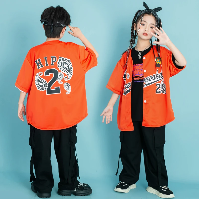 Top Black Cargo Shorts for Girl Boy Jazz Dance Costume Clothes Kids Hip Hop Clothing Orange Oversized Cardigan Baseball Shirt