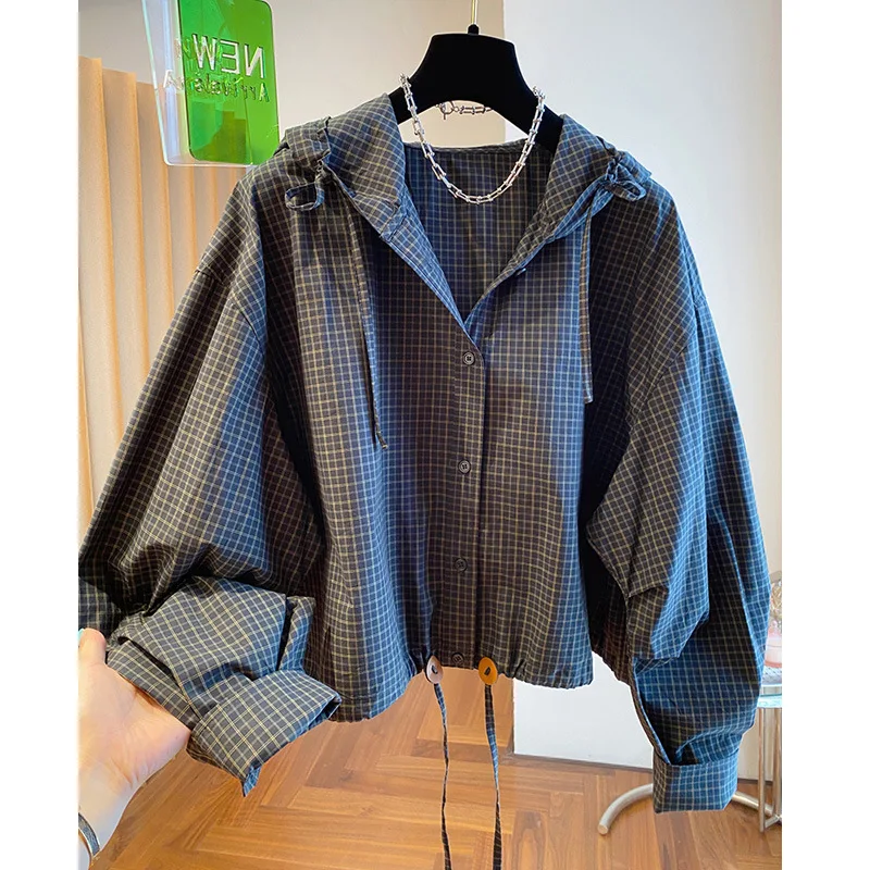 

Grid Hooded Long Sleeves Shirt Girl Literature and Art Spring Autumn Tops Minimalist Fashion Niche Women's Clothing Wholesale
