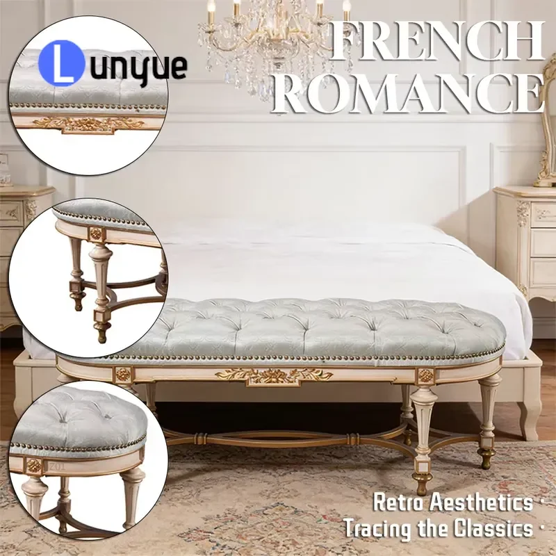 Custom Classic Tufted Button Padded Velvet Hand Carved French Solid Wood Frame Bedroom Bench for Home and Villa Use