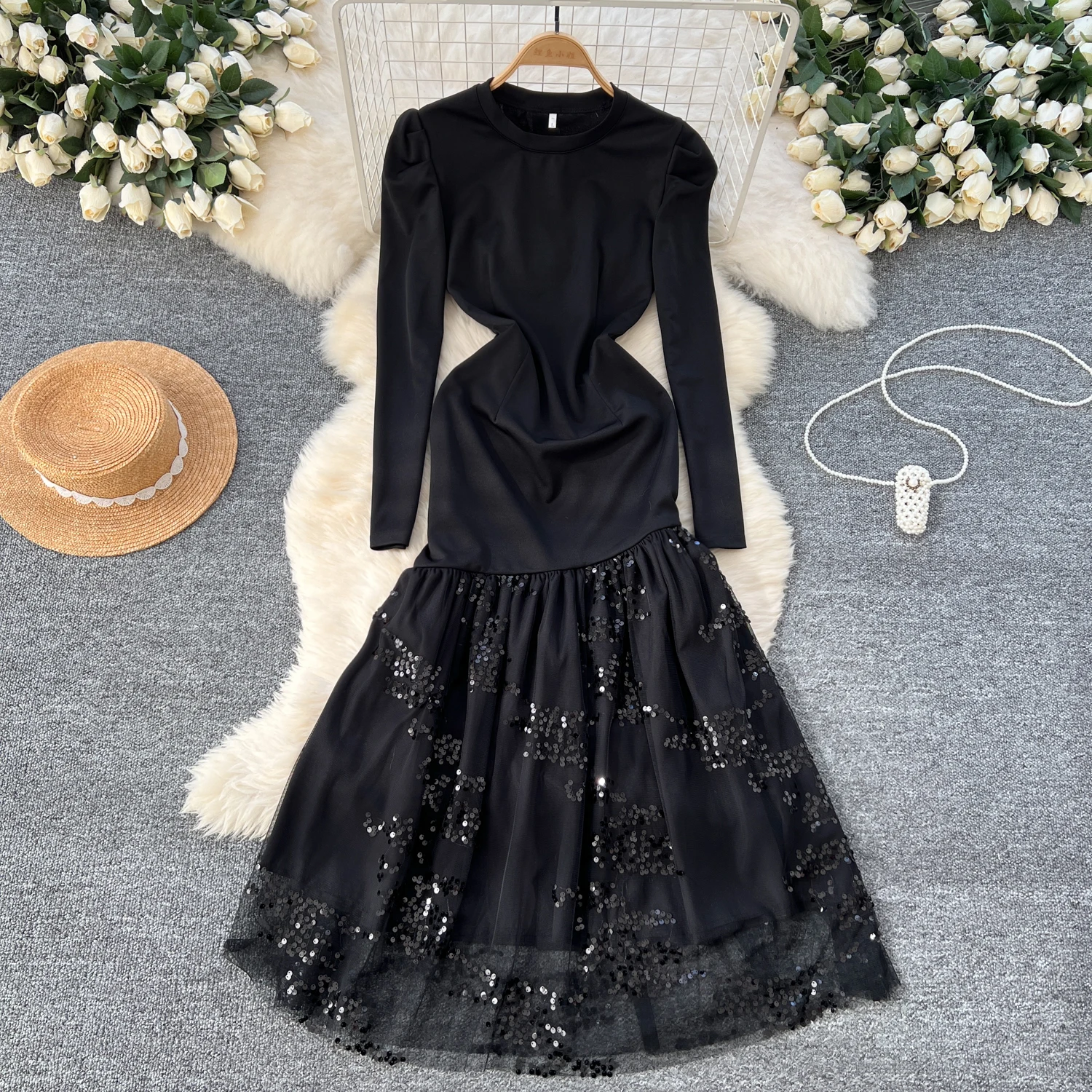 Elegant Long Sleeves Vintage O-neck Chic Asymmetrical Spliced Sequins Mesh Dresses French Evening High Street Autumn Clothing