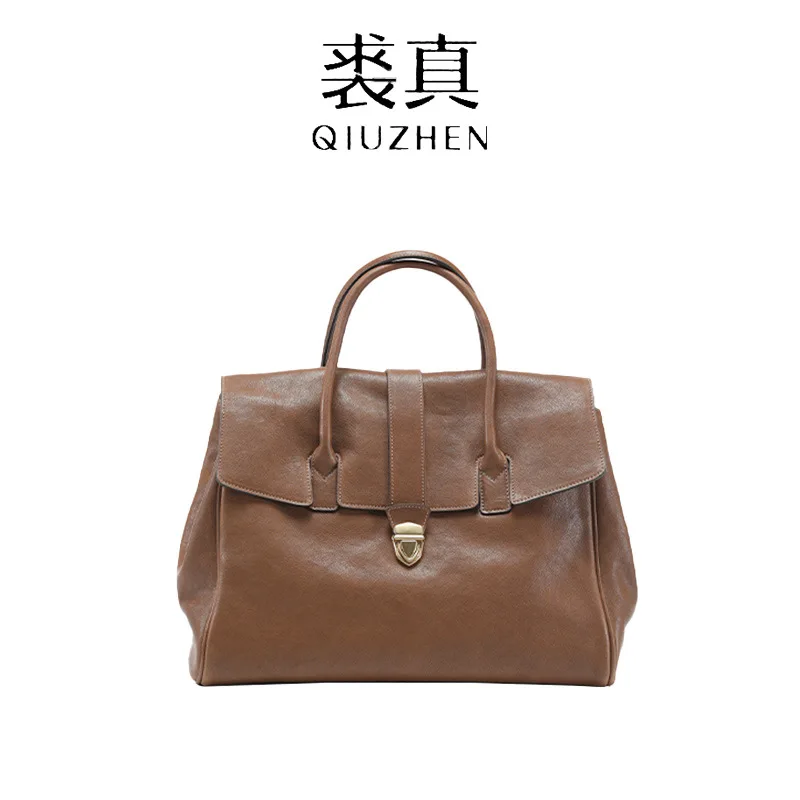 

Qiuzhen Vintage Vegetable-Tanned Full-Grain Cowhide Leather Handheld Briefcase for Women - Large Capacity Commuter Bag