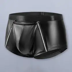 Breathable Underwear Men Shorts Briefs Men's Double Zipper Underwear Sexy Mid-rise Hot Shorts with Bulge Pouch Smooth Matte Slim