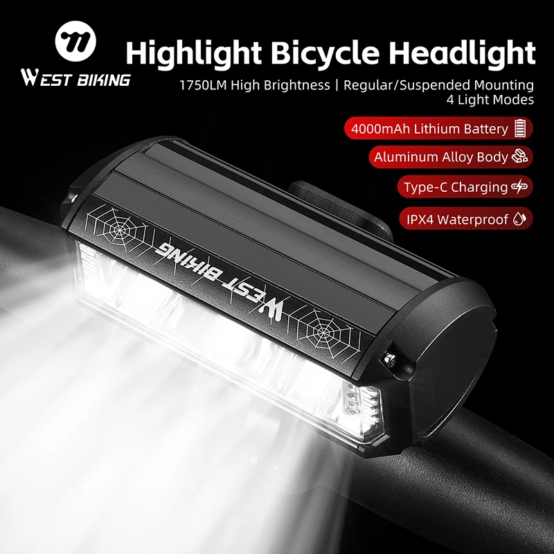 WEST BIKING Bike Light Waterproof Type-C Charging LED 4000mAh MTB Front Lamp Headlight Aluminum High Brightness Bicycle Light