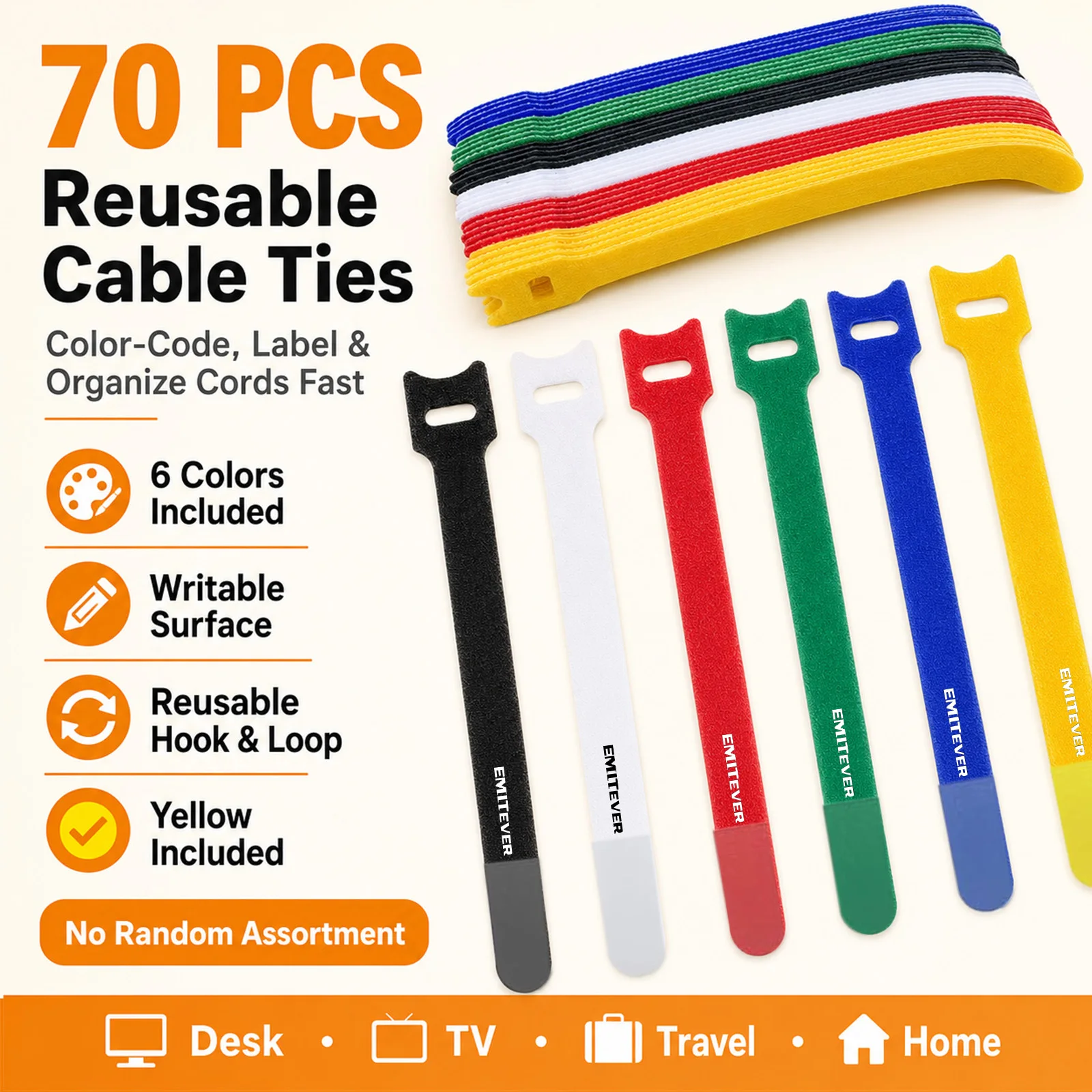 70PCS 10/15/20cm Cable Ties Reusable Fastener Hook and Loop Tape Multi-Colour T-Type Wire Tie Adjustable Cable Straps Organizer