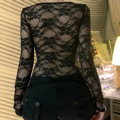 Imagen 2 del producto Blusas negras sexis ajustadas de encaje empalmado para mujer, blusas transparentes de manga larga con espalda descubierta, alta moda de otoño