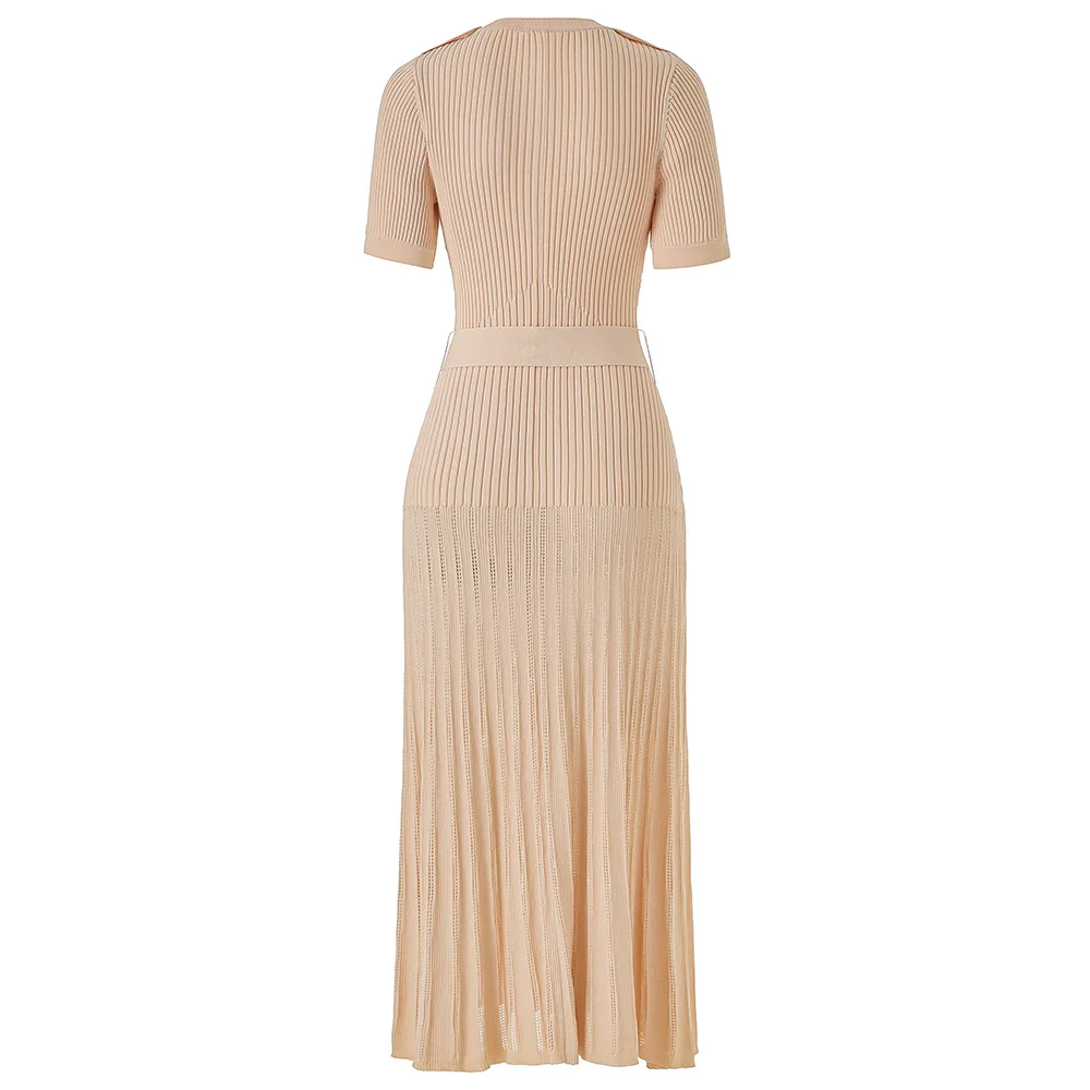 ZJYT 여름 패션 긴 니트 스웨터 드레스 여성 디자이너 짧은 소매 레이스 우아한 슬림 맞는 파티 휴일 드레스 블루