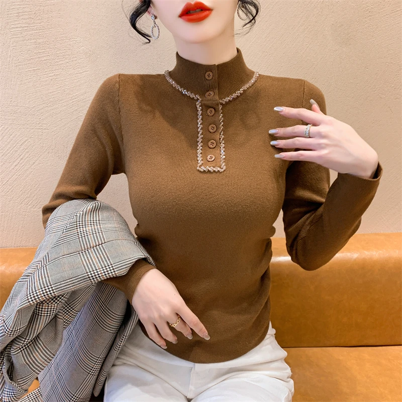 2024 Fall Winter Korean Style Knitted Sweater Chic Sexy Stand Button Hollow Out Shiny Beads Women Long Sleeve Elastic Tops 41040