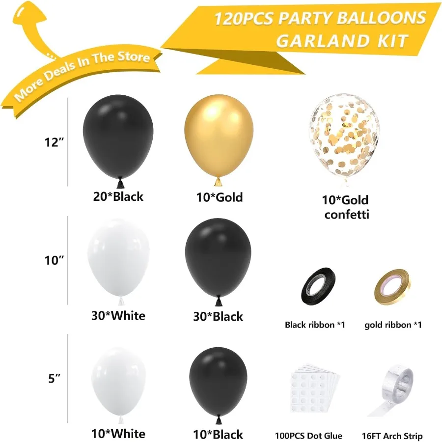 Black and Gold Balloons Garland Arch Kit 120PCS Black White Metallic Gold Balloons Arch Kit with Confetti Balloons for 2025 Gra