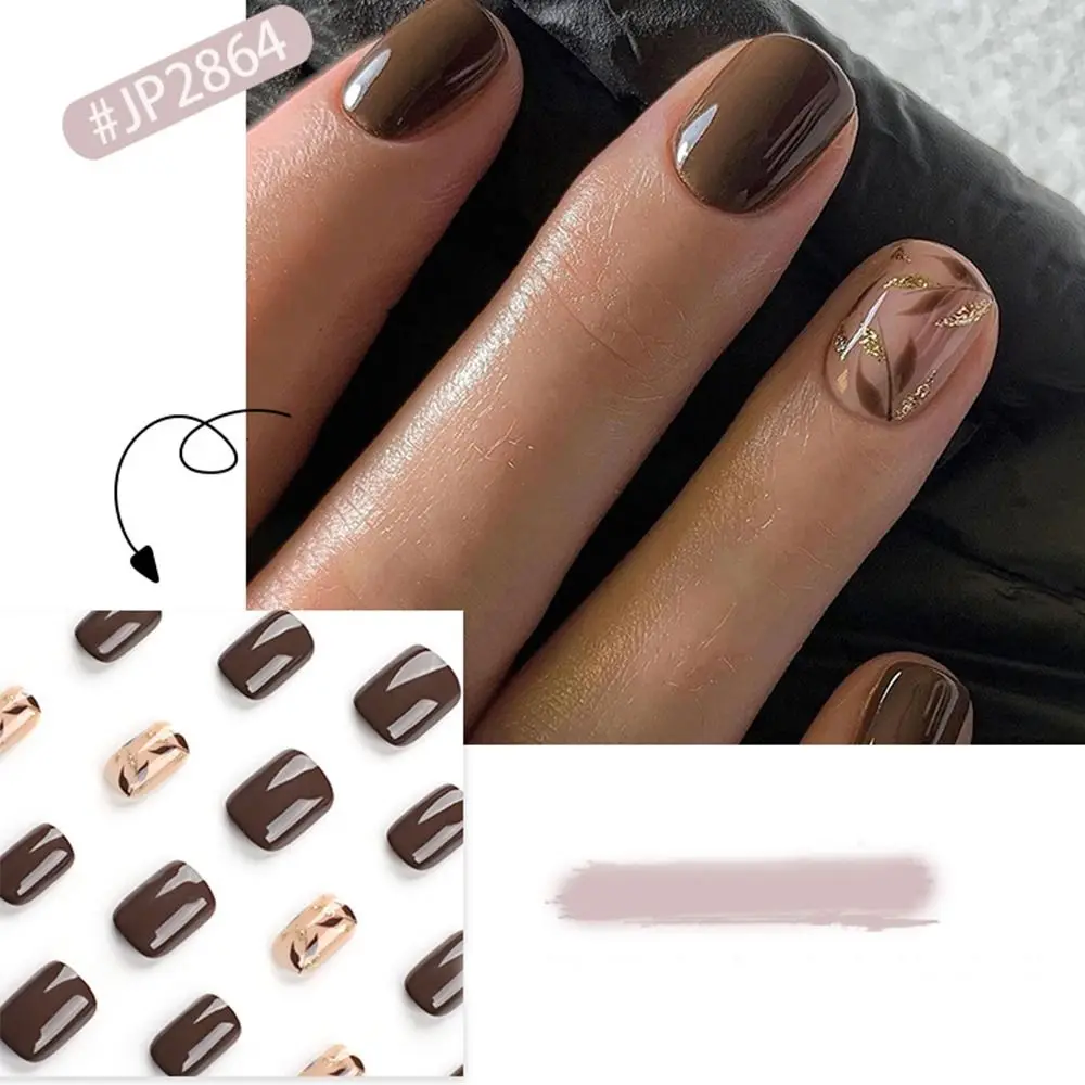 Modne Krótkie Okrągłe Sztuczne Paznokcie Francuskie Proste Sztuczne Paznokcie Pełne Pokrycie Brązowe Liście Końcówki do Salonu