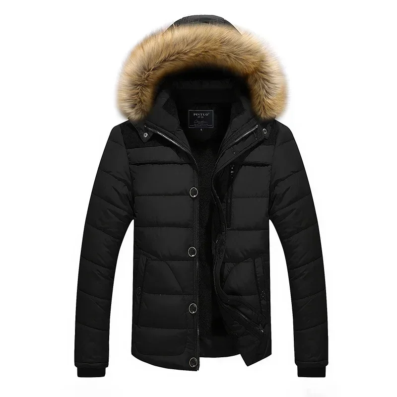 Parka quente grossa forrado de lã masculina, capuz destacável, casaco de gola de pele, jaqueta de pelúcia masculina, à prova de vento, outono, inverno, trabalho, novo