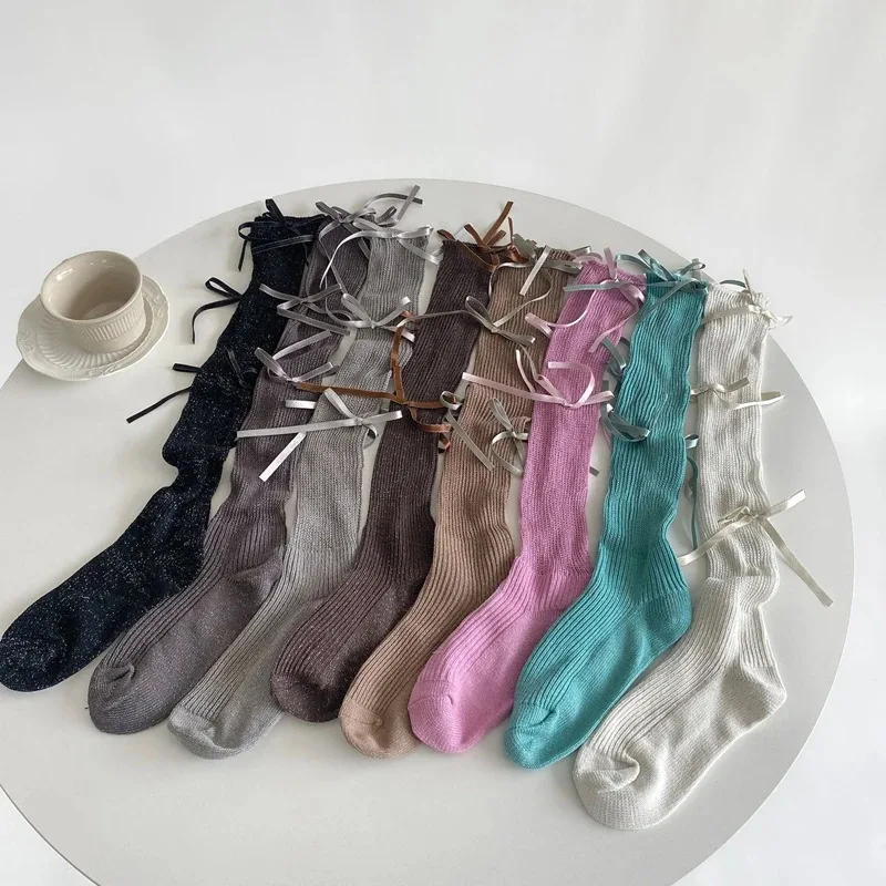 

Ballet Style Multi Bowknot Women's Socks Fashion Cotton Elastic High Tube Female Sock Sweet Lolita Bow Calf Socks Solid Colors