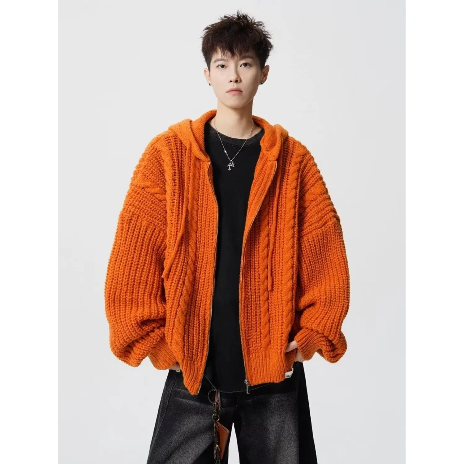 

Hooded Knitted Autumn Winter Men's Vintage Cable Knit Cardigan Style Lazy Design Cool Sweater