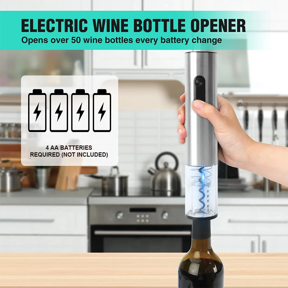 Electric Wine Corkscrew Wine Bottle Opener Stainless Steel Automatic Dry Battery Corkscrew with Foil Cutter Gift Kitchen Tools