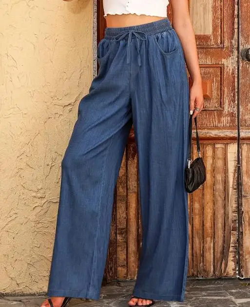 Pantalon d'été ample pour femmes, nouvelle couleur unie, Imitation Denim, taille haute, à lacets, décontracté, jambes larges, adapté aux déplacements quotidiens