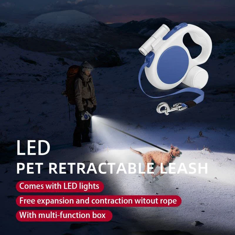 Benepaw 3-in-1 Retractable Dog Leash With LED Flashlight Poop Bag Holder Heavy-Duty Puppy Pet Lead For Walking, Hiking Travel