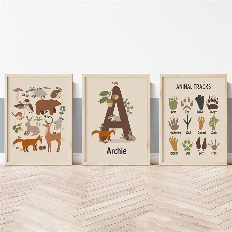 Earth Fox Bear Rabbit Deer Animal Tracks alphabet Wall Art Canvas Painting Posters And Prints Wall Pictures Baby Kids Room Decor
