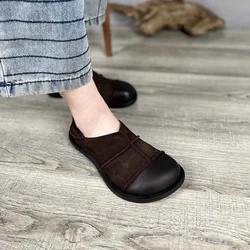 Birkuir Big Head Women Flats Shoes Pleated Sewn Loafers Cow Leather Handmade Genuine Leather Flat Soles Luxury Single Shoes