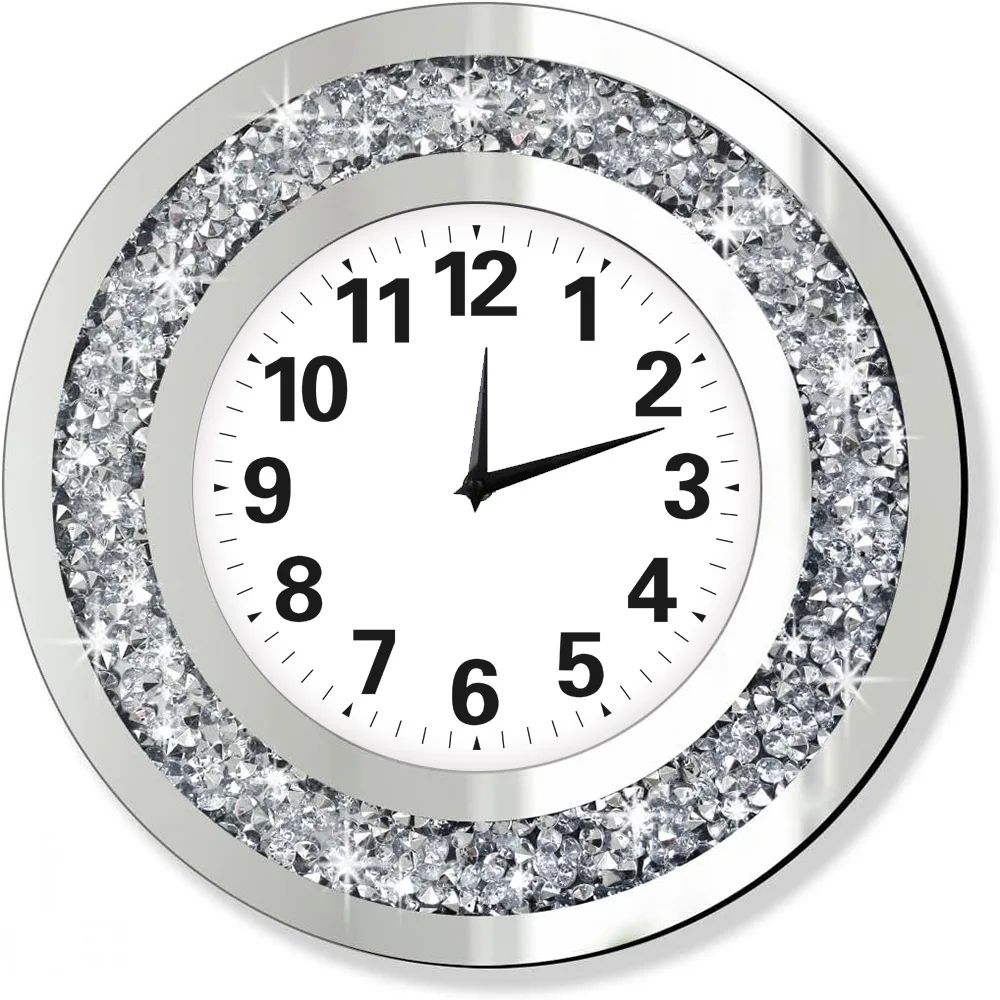 Silent round rhinestone decorative hanging creative wall clock living room wall glass broken diamond clock modern
