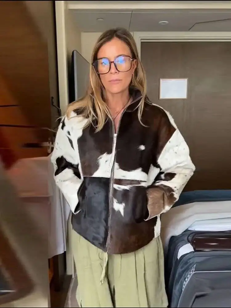 

Fashion Vintage Cow Printed Jacket Women Full Sleeve Irregular Lapel Patchwork Jackets 2025 Female Autumn Daily Casual Outerwear